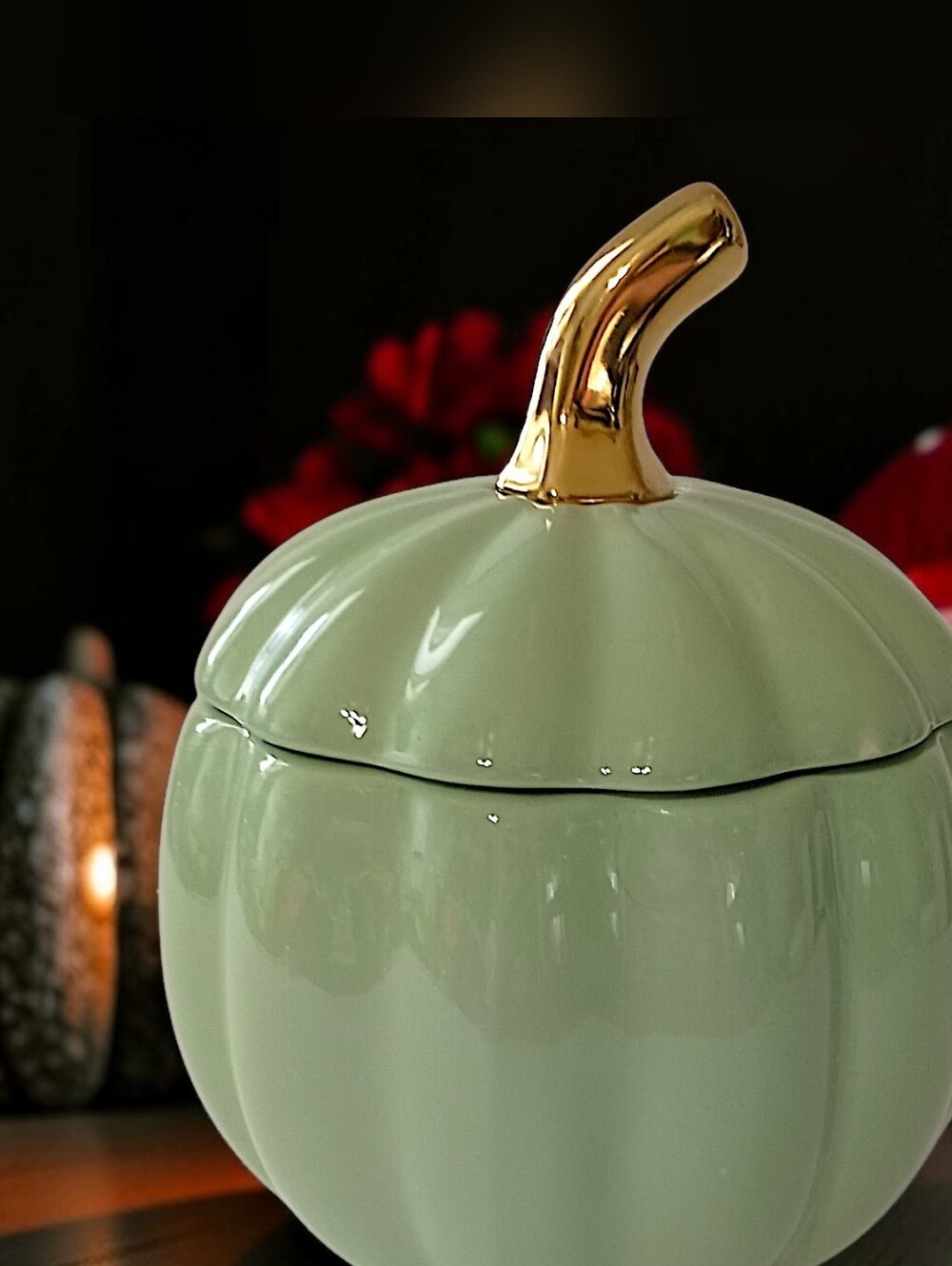 Martha Stewart Pumpkin Canister Sage Green Gold Ceramic Fall Harvest Candy Dish - Picture 15 of 16